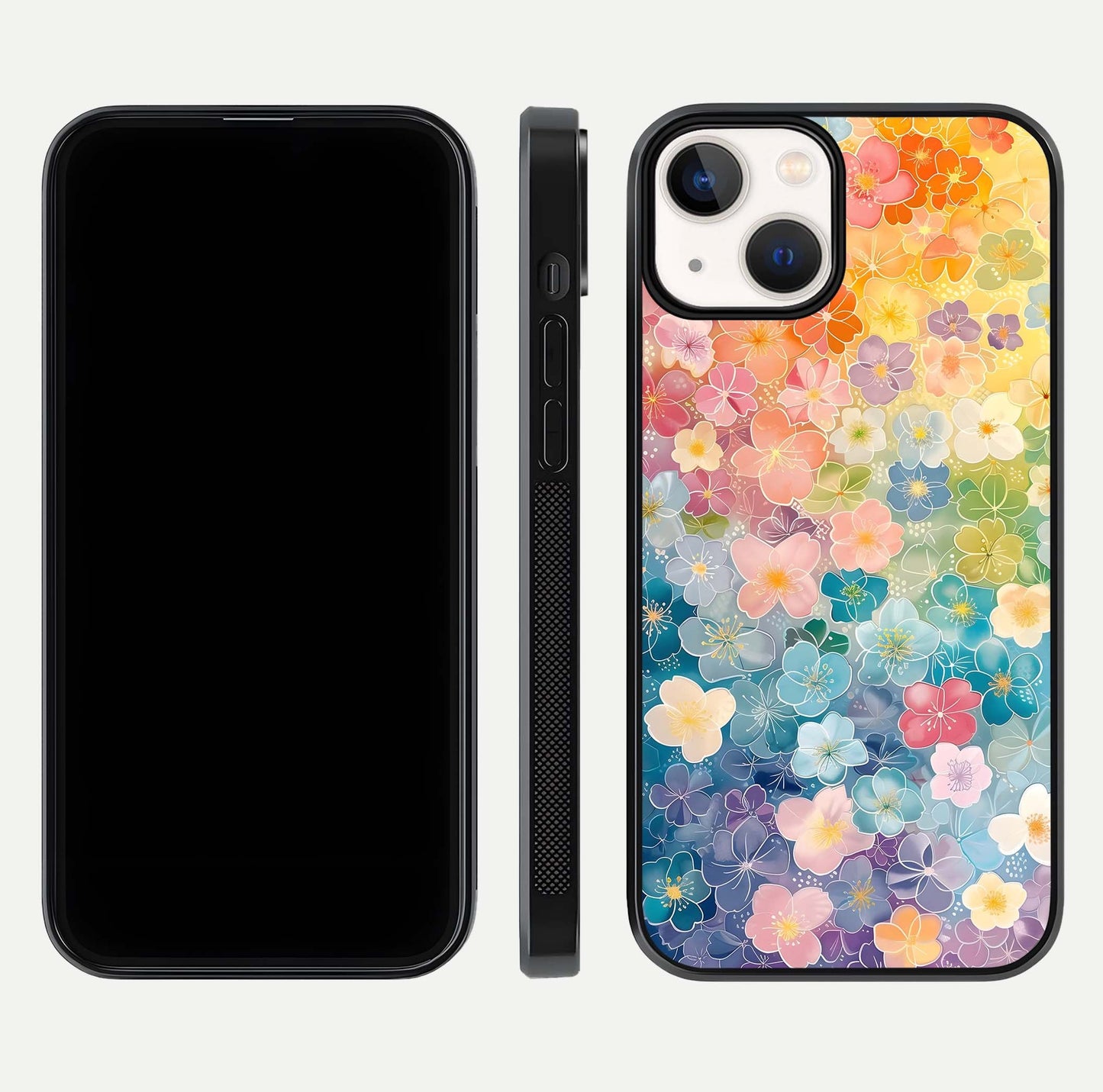 Rainbow Blossom Burst Glass Case for iPhone 13 front & back layout showing bright tones and edge finish