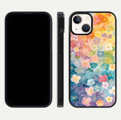 Rainbow Blossom Burst Glass Case for iPhone 13 front & back layout showing bright tones and edge finish
