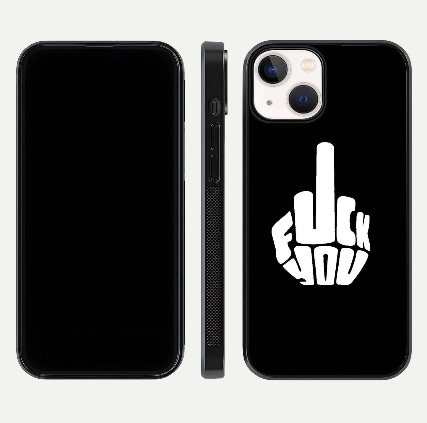 Rebel Mode On Glass Case for iPhone 13 front & back layout showing minimal tone and clean edge fit