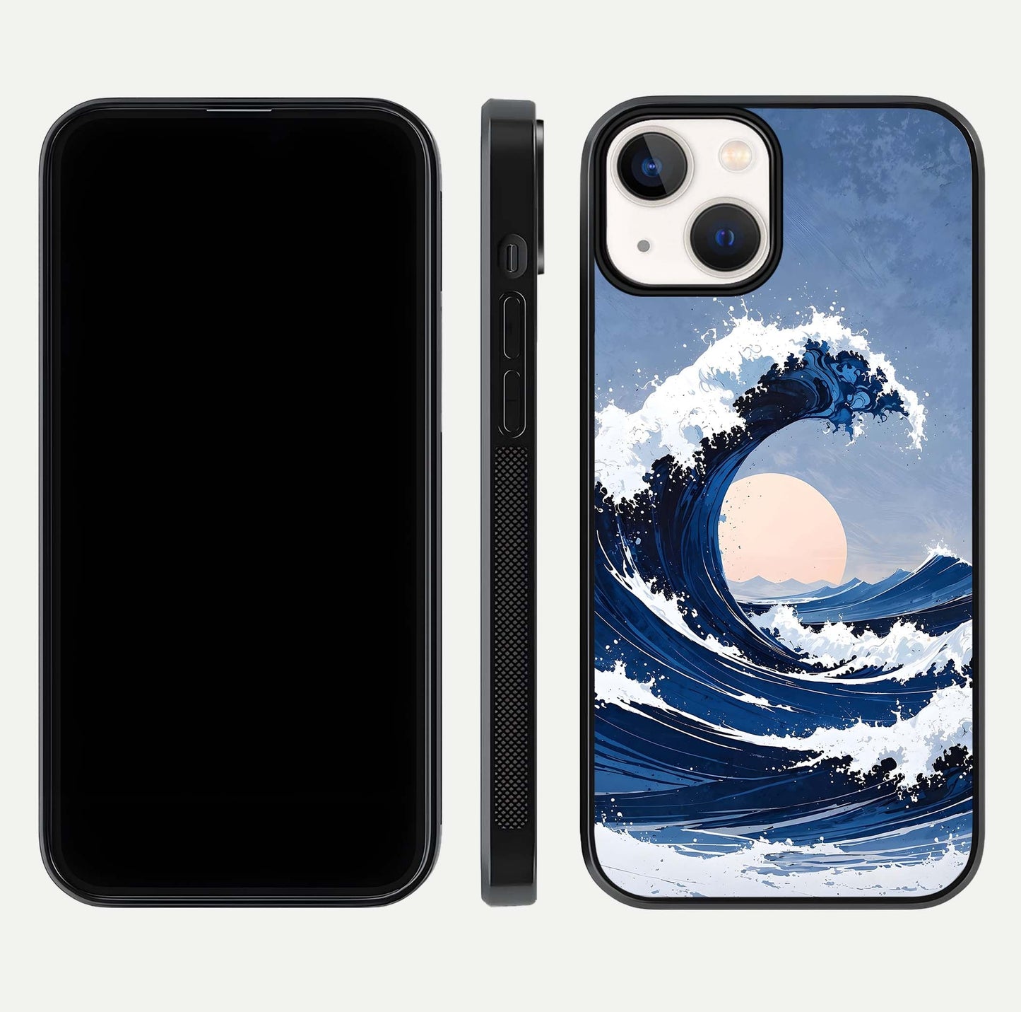 Rising Tide Power Glass Case for iPhone 13 front & back layout showing ocean design and smooth glass edge