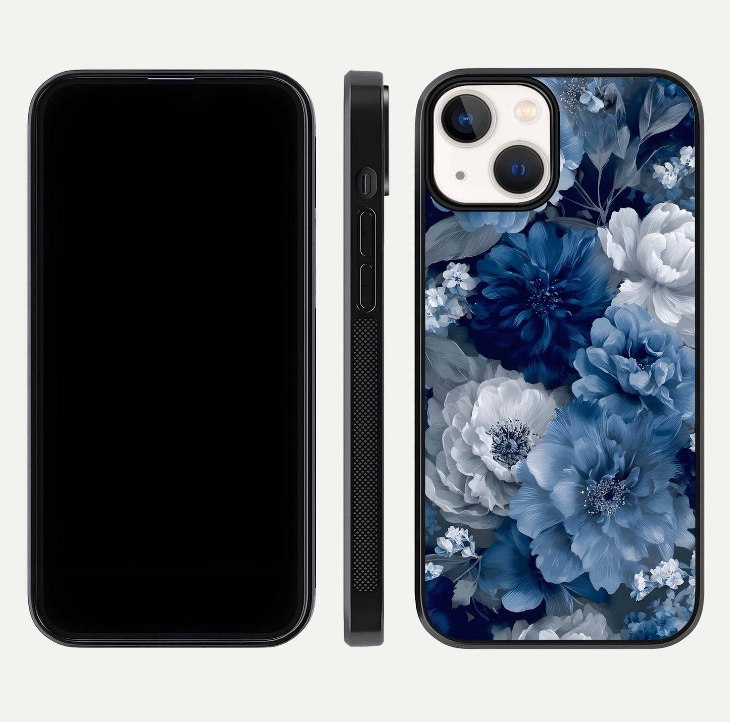 Royal Bloom Garden Glass Case for iPhone 13 front & back layout showing soft tones and curved glass design