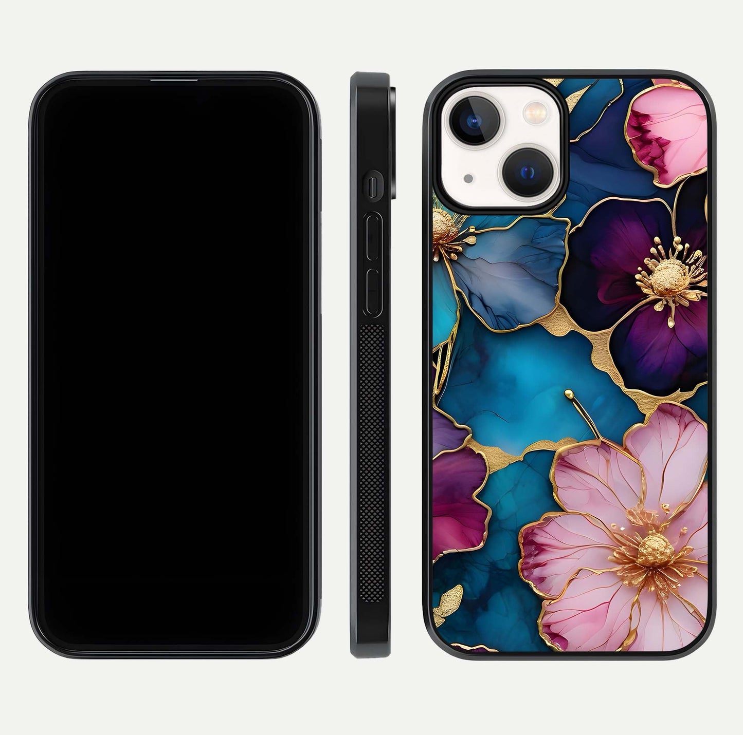 Sparkle Floral Glass Case for iPhone 13 front & back layout showing floral print and edge clarity