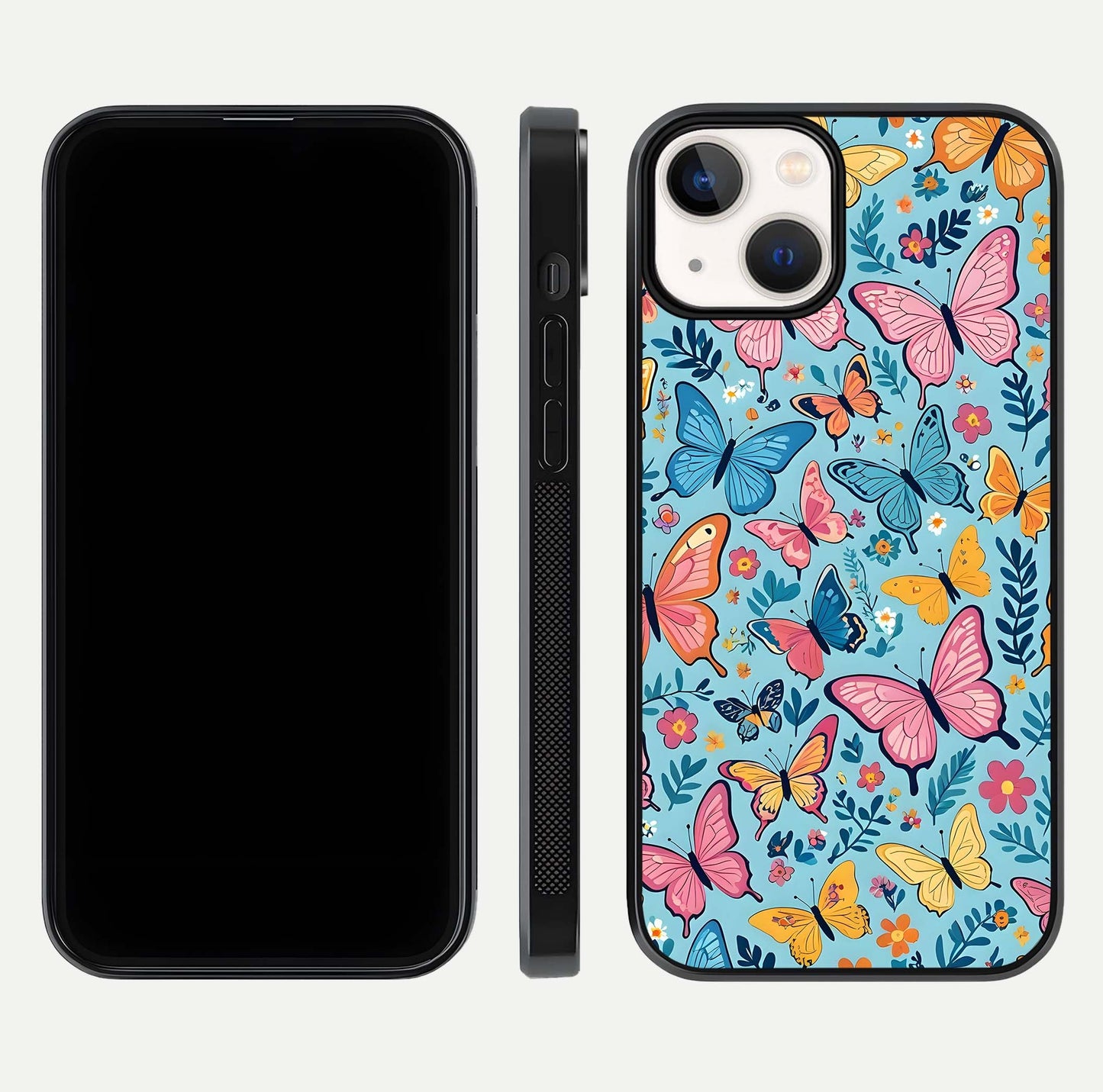 Spring Wing Garden Glass Case for iPhone 13 front & back layout showing soft tones and elegant glass design