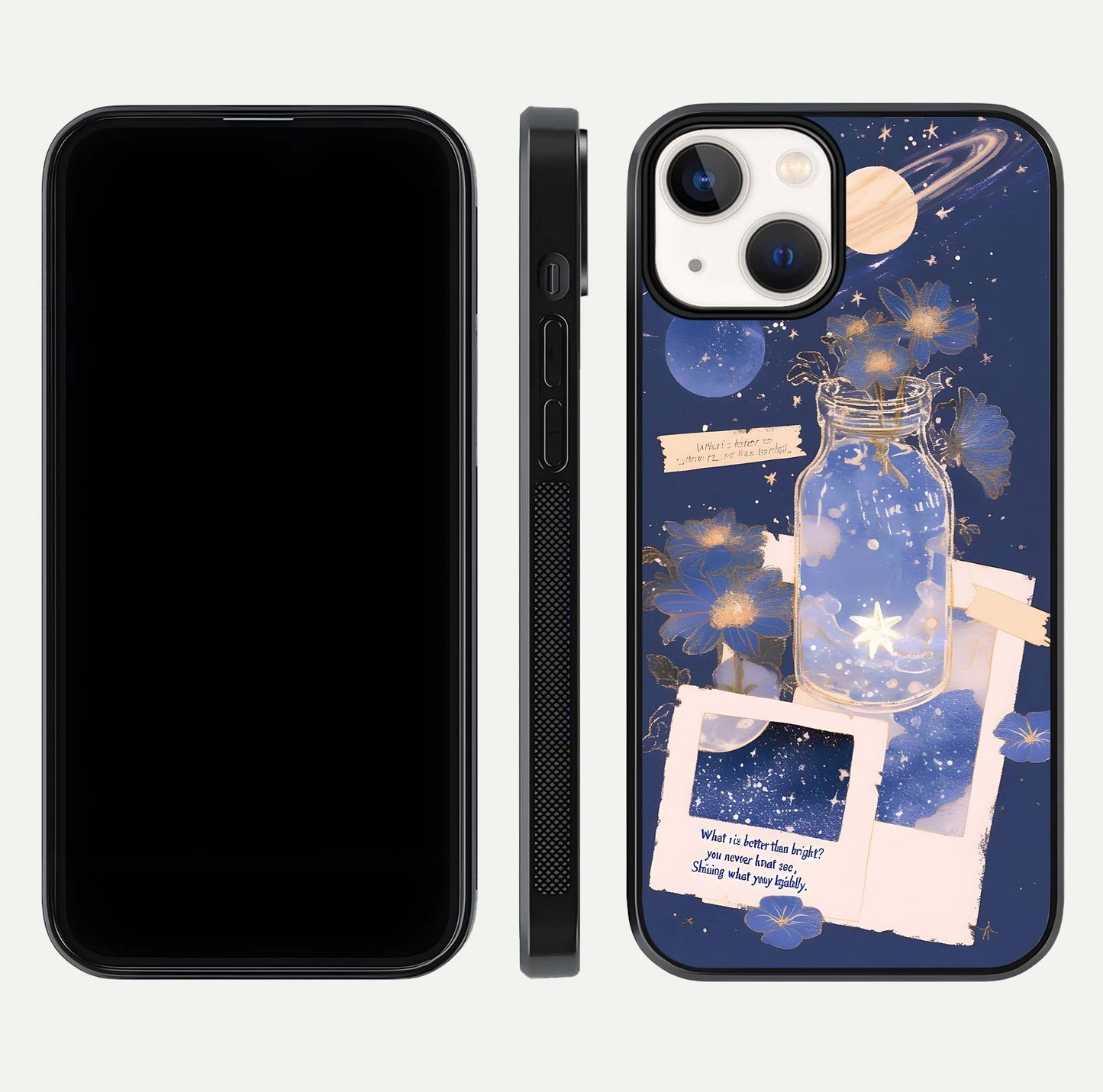 Starlit Cosmic Jar Glass Case for iPhone 13 front & back layout showing cosmic pattern and curved glass edge