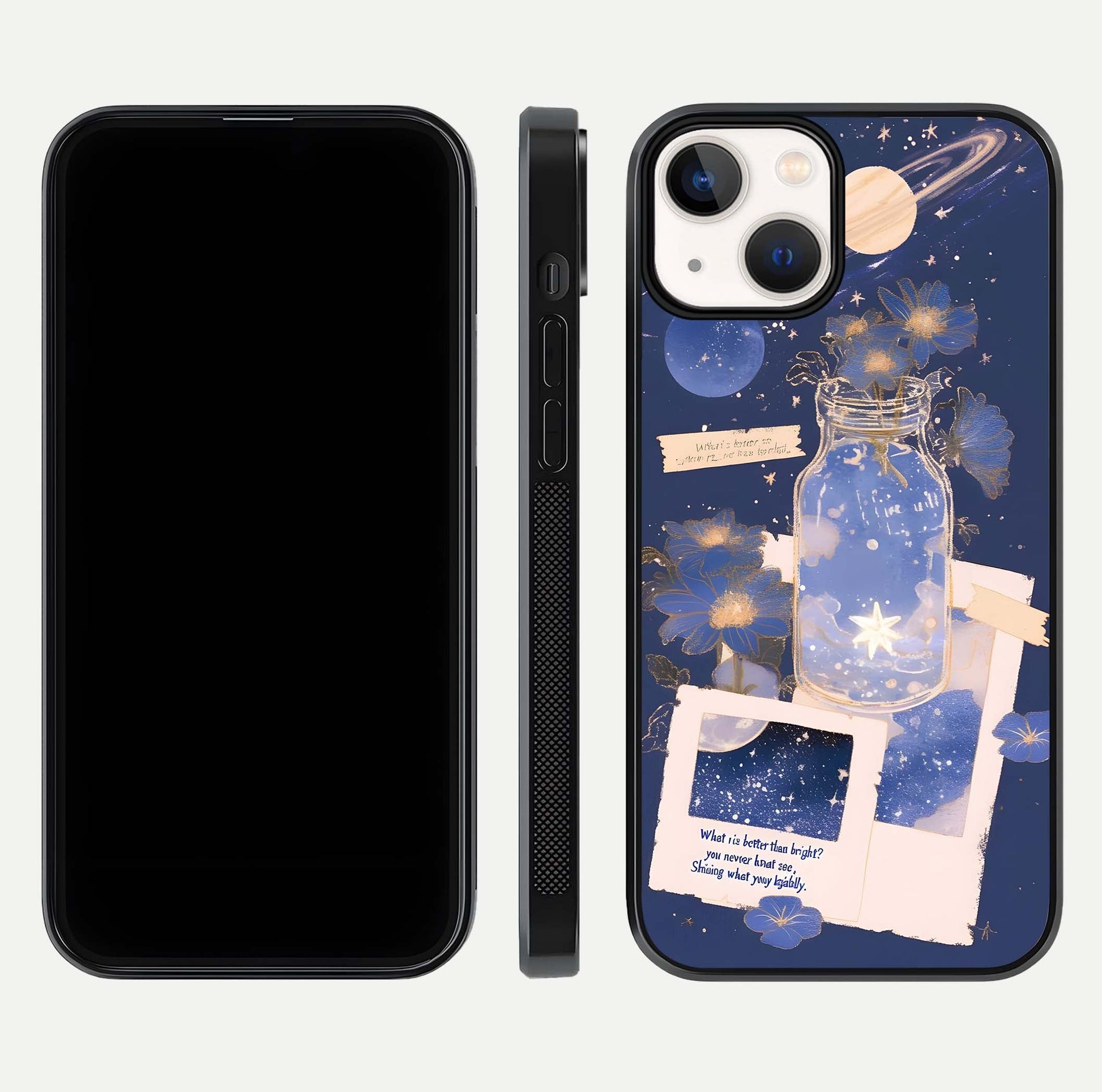 Starlit Cosmic Jar Glass Case for iPhone 13 front & back layout showing cosmic pattern and curved glass edge