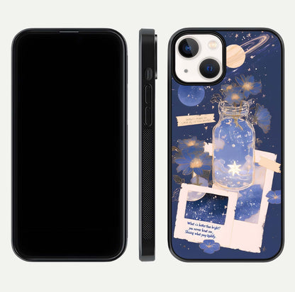 Starlit Cosmic Jar Glass Case for iPhone 13 front & back layout showing cosmic pattern and curved glass edge