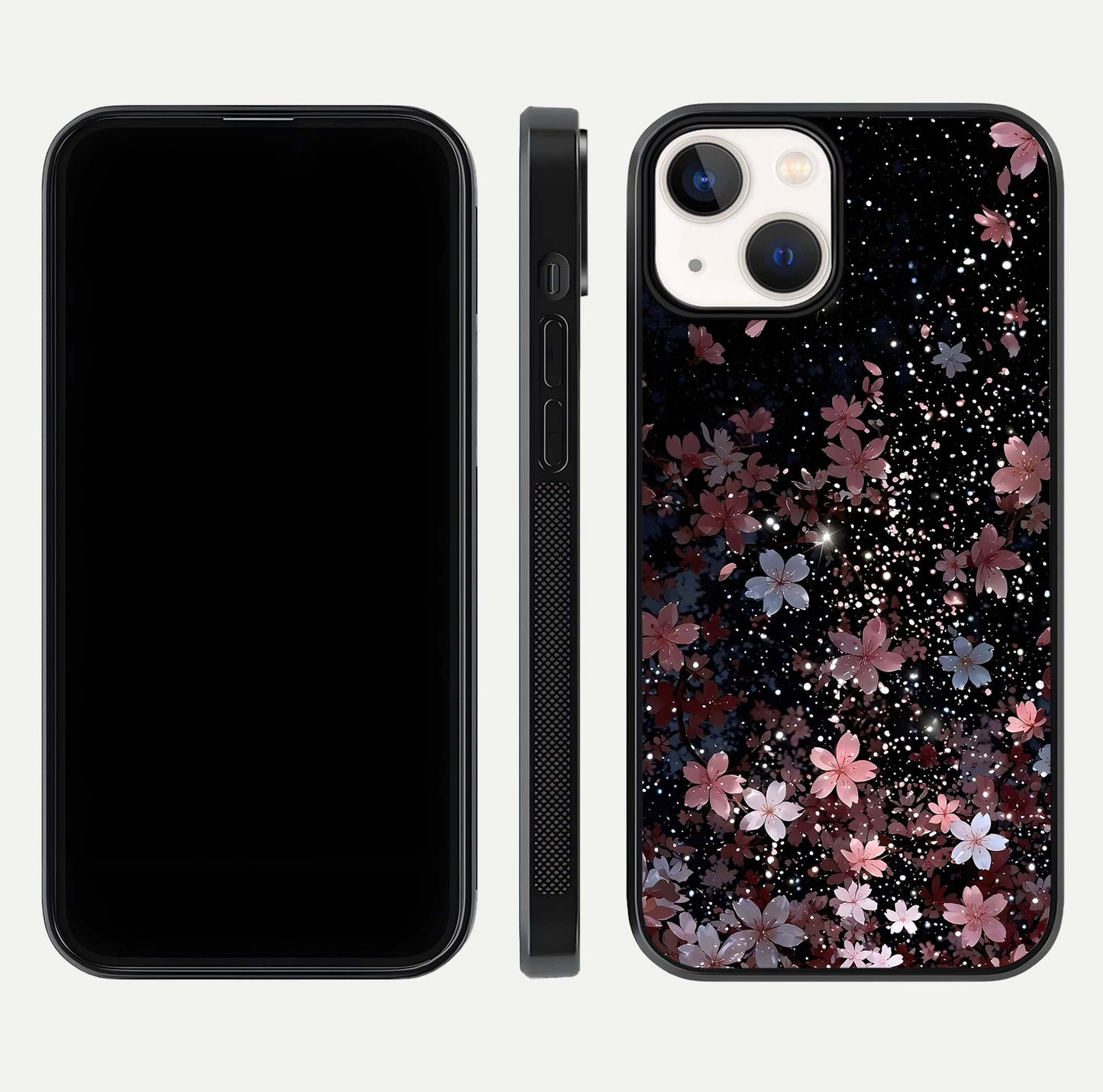 Starlit Flower Dreams Glass Case for iPhone 13 front & back layout showing soft bloom design and curved edge