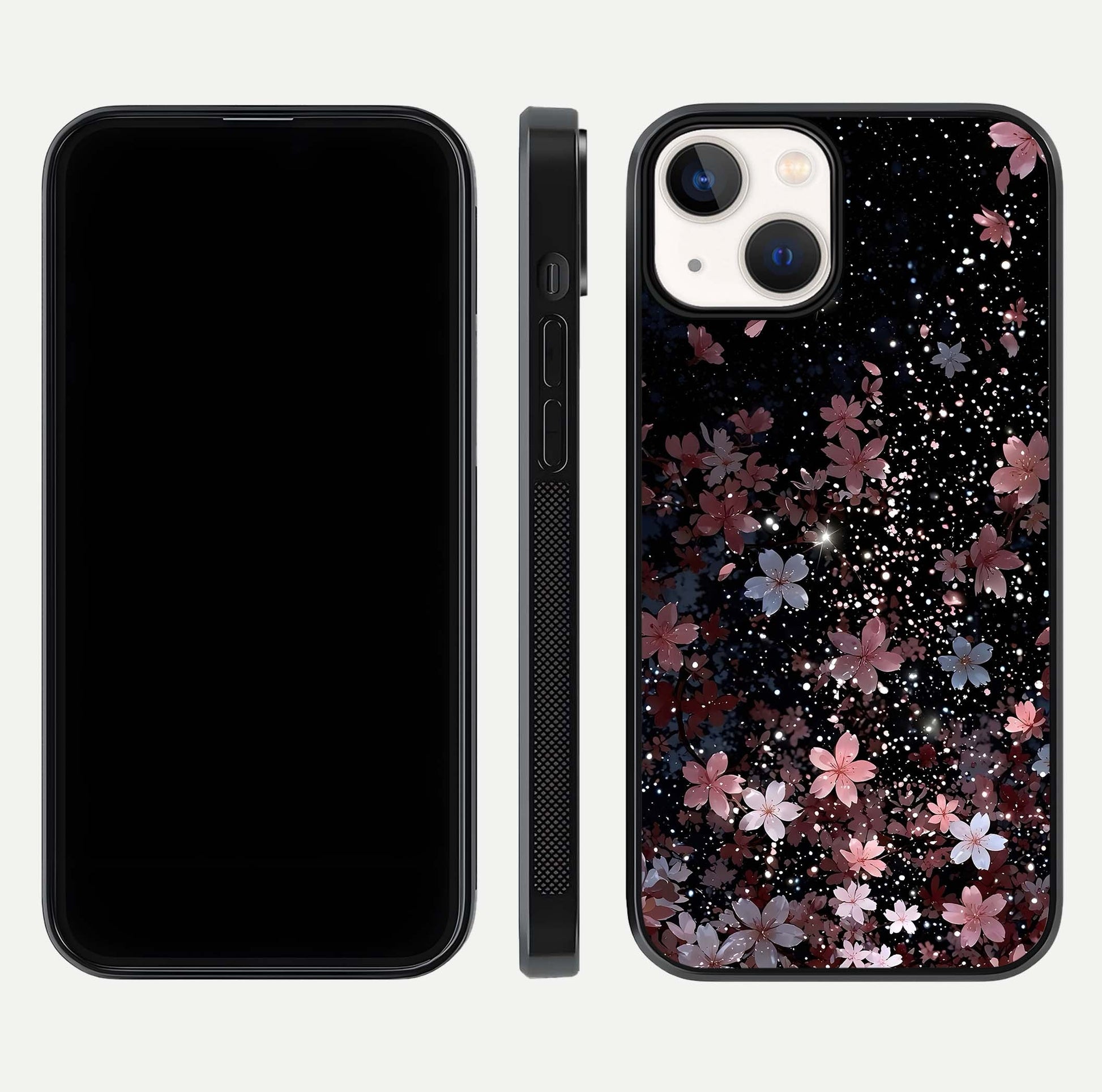 Starlit Flower Dreams Glass Case for iPhone 13 front & back layout showing soft bloom design and curved edge