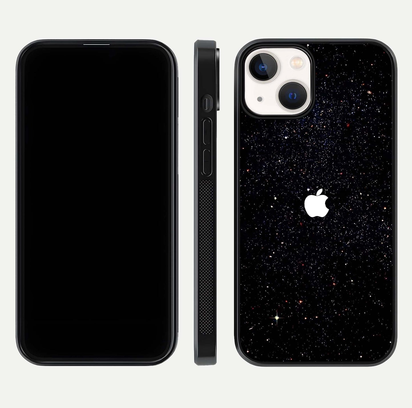 Starry Apple Galaxy Glass Case for iPhone 13 front & back layout showing cosmic tones and sleek edge