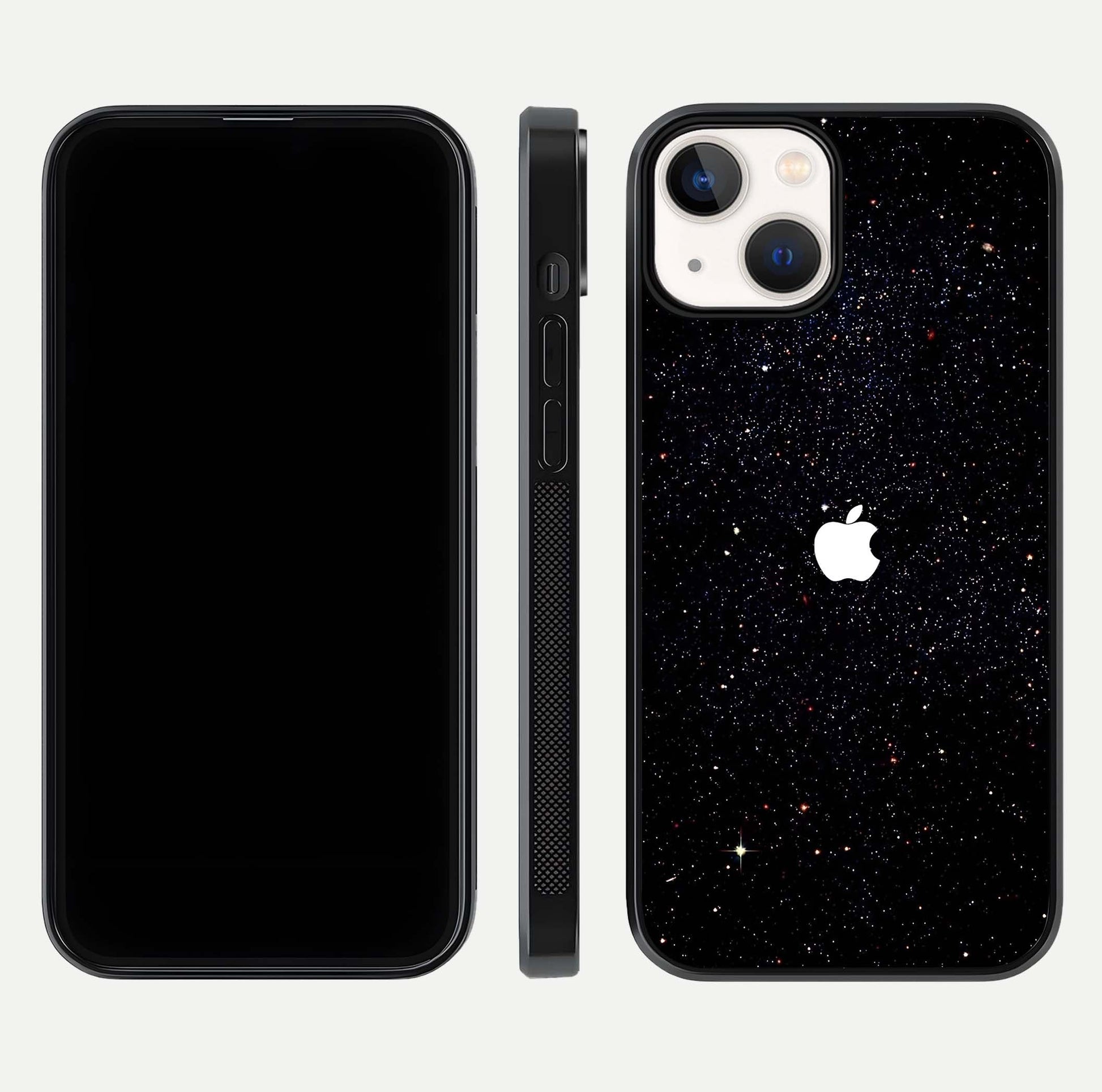 Starry Apple Galaxy Glass Case for iPhone 13 front & back layout showing cosmic tones and sleek edge