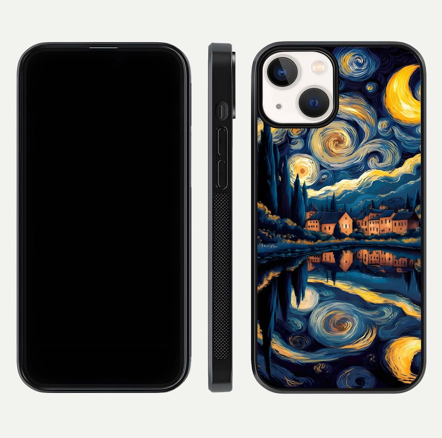Starry Sky Serenity Glass Case for iPhone 13 front & back layout showing stars and curved glass edges