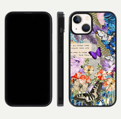 Storm Path Bloom Glass Case for iPhone 13 front & back layout showing moody floral blend and edges