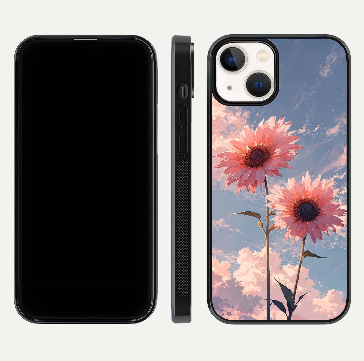 Sunlit Daisy Glow Glass Case for iPhone 13 front & back layout showing vibrant sunlight hues and clean edge