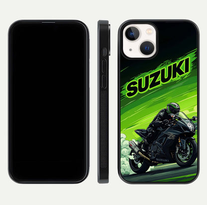 Suzuki Speed Beast Glass Case for iPhone 13 front & back layout showing motion blur and sleek edges