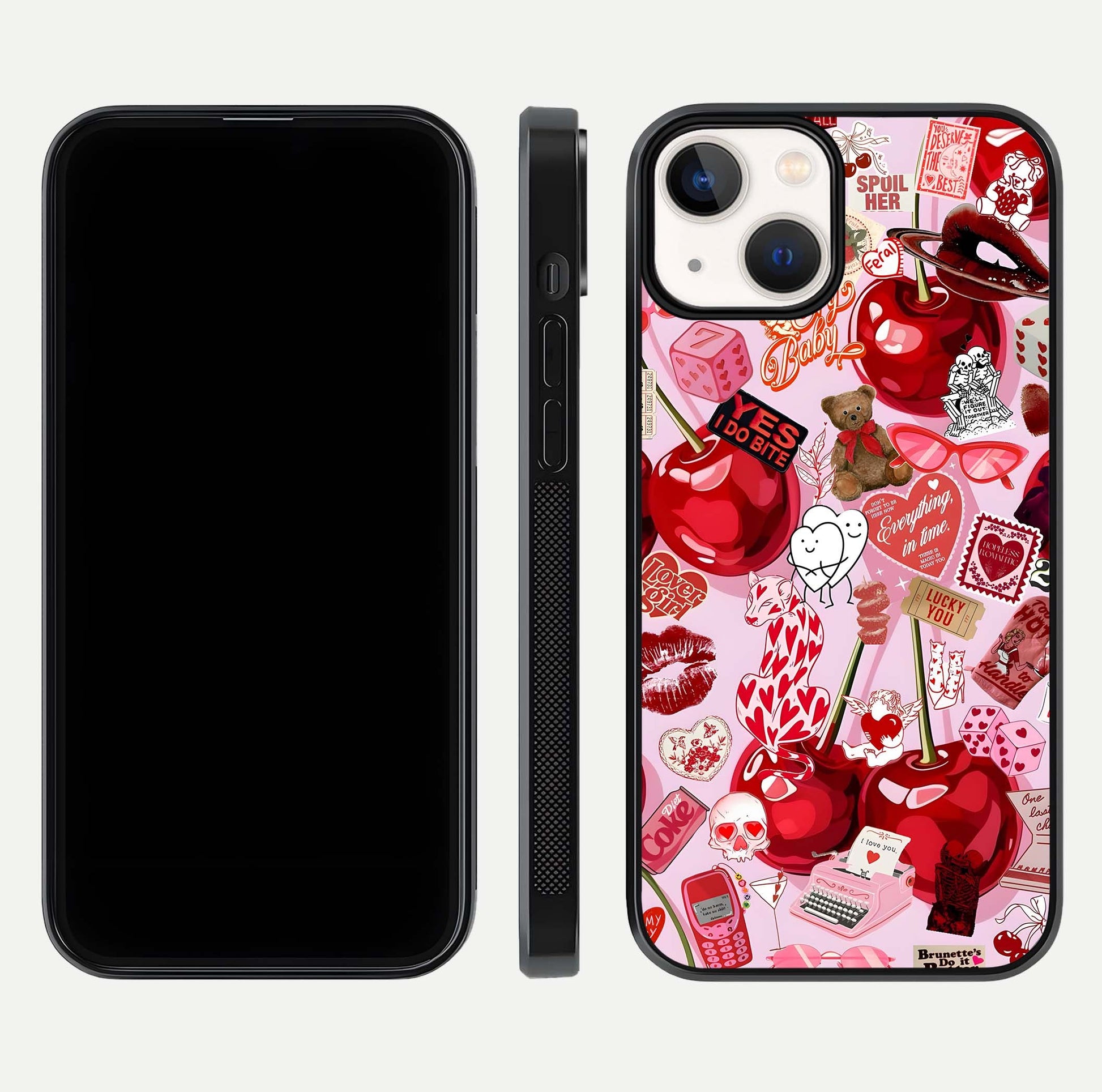 Sweet Cherry Chaos Glass Case for iPhone 13 front & back layout showing vibrant cherries and smooth edges