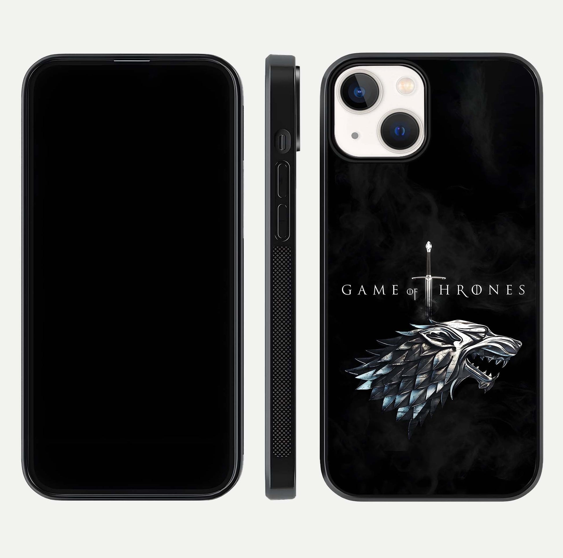 Throne Wolf Legacy Glass Case for iPhone 13 front & back layout showing bold pattern and sharp edge