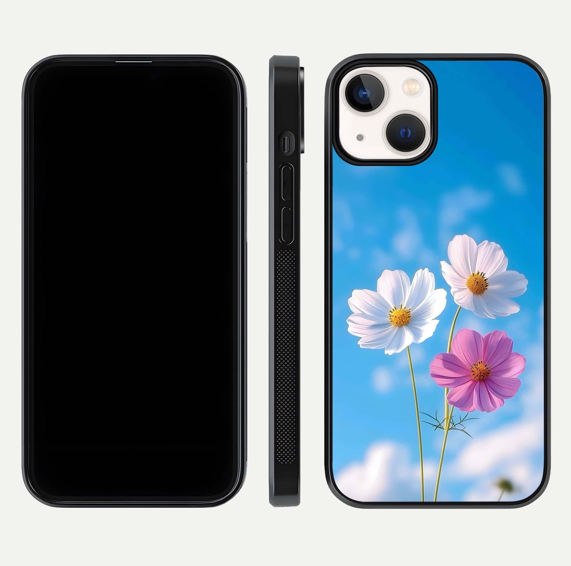 Triple Flowers With Sky Glass Case for iPhone 13 front & back layout showing vivid tones and glossy surface