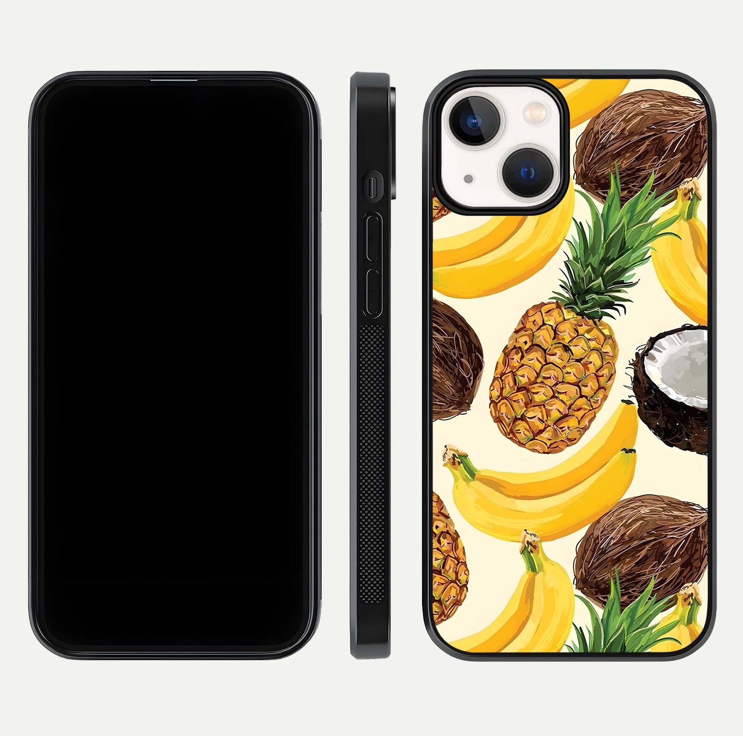 Tropical Fruit Mood Glass Case for iPhone 13 front & back layout showing playful tones and clean edge