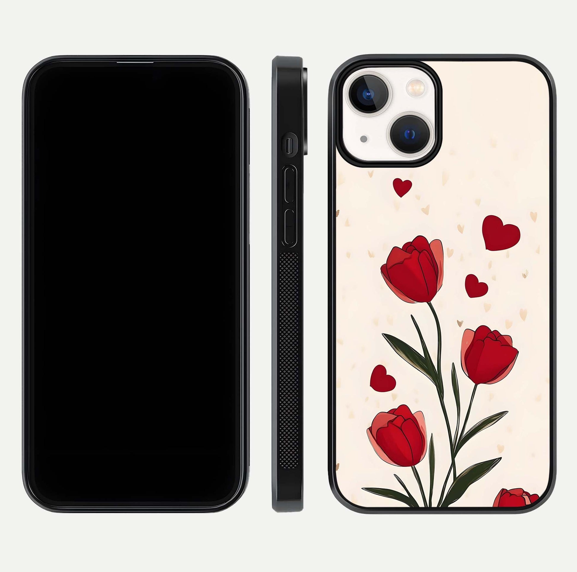 Tulip With Heart Glass Case for iPhone 13 front & back layout showing heart motif and elegant gloss finish