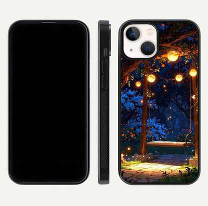 Twilight Garden Swing Glass Case for iPhone 13 front & back layout showing garden art and clean edge