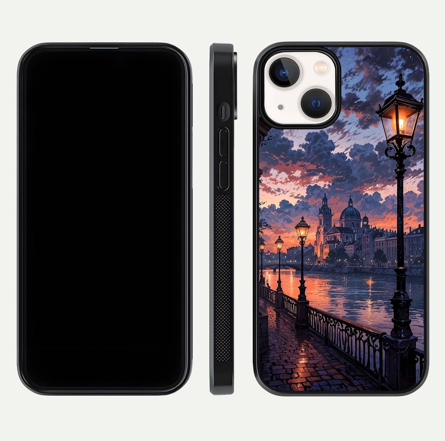 Twilight River Lights Glass Case for iPhone 13 front & back layout showing scenic artwork and smooth curved edges