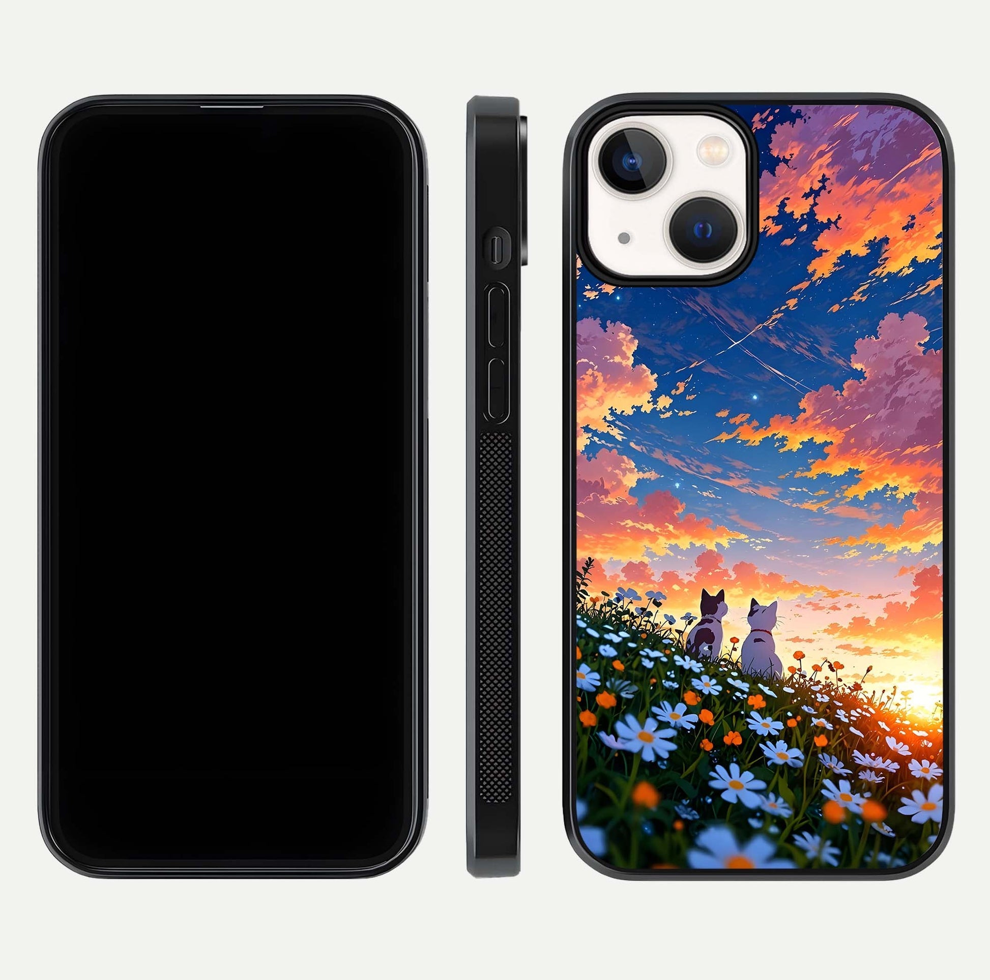 Two Cats Friends Glass Case for iPhone 13 front & back layout showing friendly cat theme and edge design