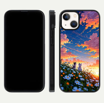 Two Cats Friends Glass Case for iPhone 13 front & back layout showing friendly cat theme and edge design