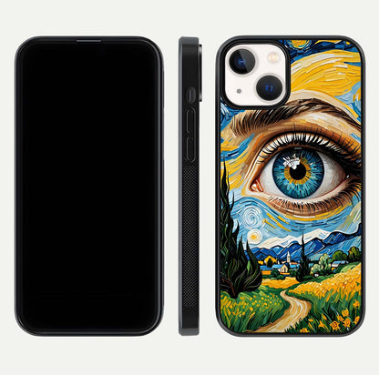 Van Gogh Eye Glass Case for iPhone 16 Pro front & back layout showing brushstroke detail and smooth finish