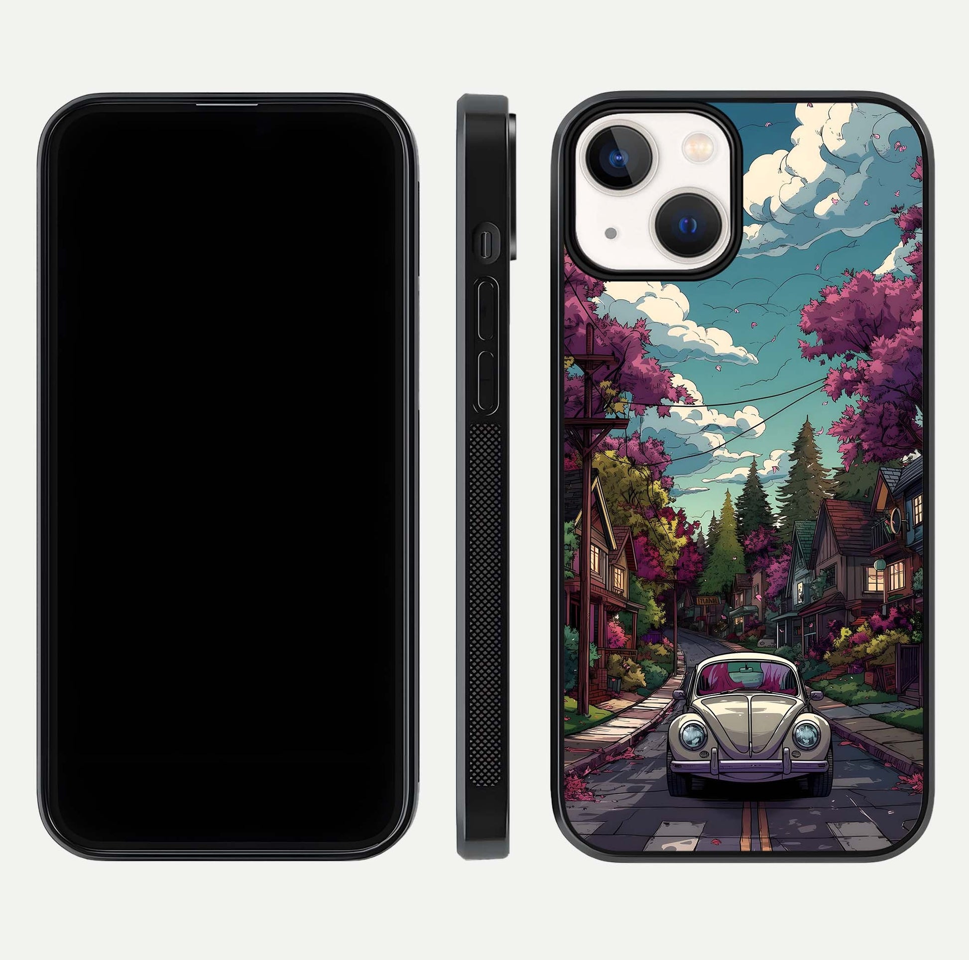 Vintage Street Drive Glass Case for iPhone 13 front & back layout showing retro street scene and edges