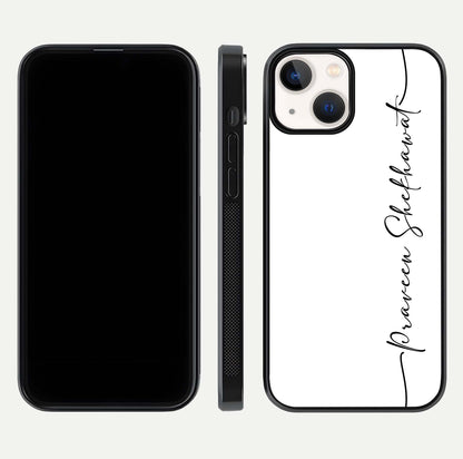 White Tune Custom Name Glass Case for iPhone 13 front & back layout showing clean design and text placement
