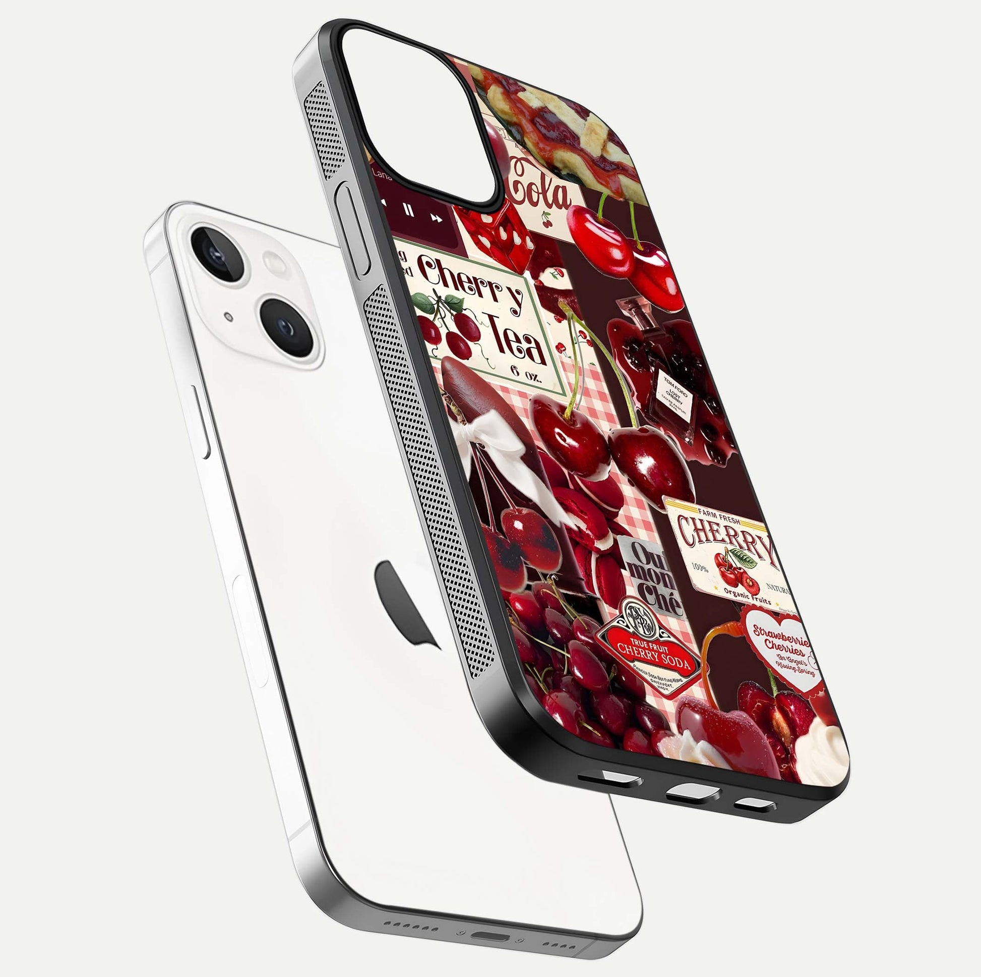 Aesthetic Cherry Tea Glass Case for iPhone 16 Pro floating dual-view mockup showing edge design and detailed cherry pattern gloss texture