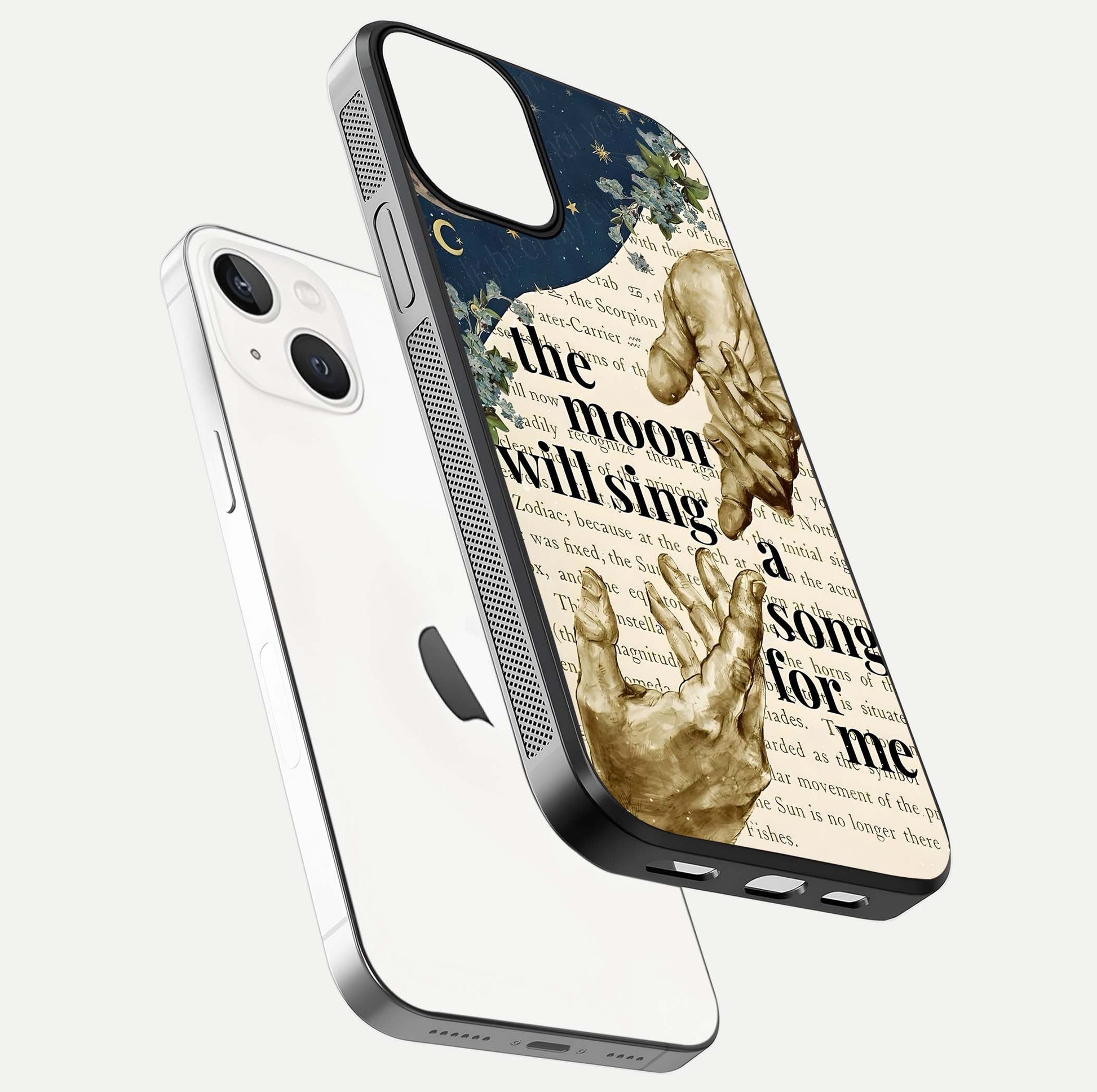 Aesthetic Divine Glass Case for iPhone 16 Pro floating dual-view mockup showing edge design and divine art gloss texture