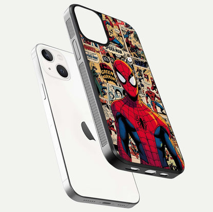 Aesthetic Spider Man Glass Case for iPhone 16 Pro floating dual-view mockup showing edge design and detailed Spider-Man gloss texture