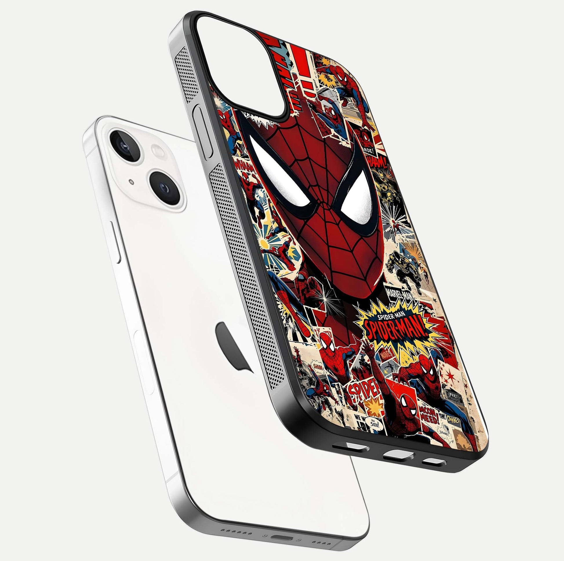 Aesthetic Wonder Spider Glass Case for iPhone 16 Pro floating mockup emphasizing superhero art and glossy reflection