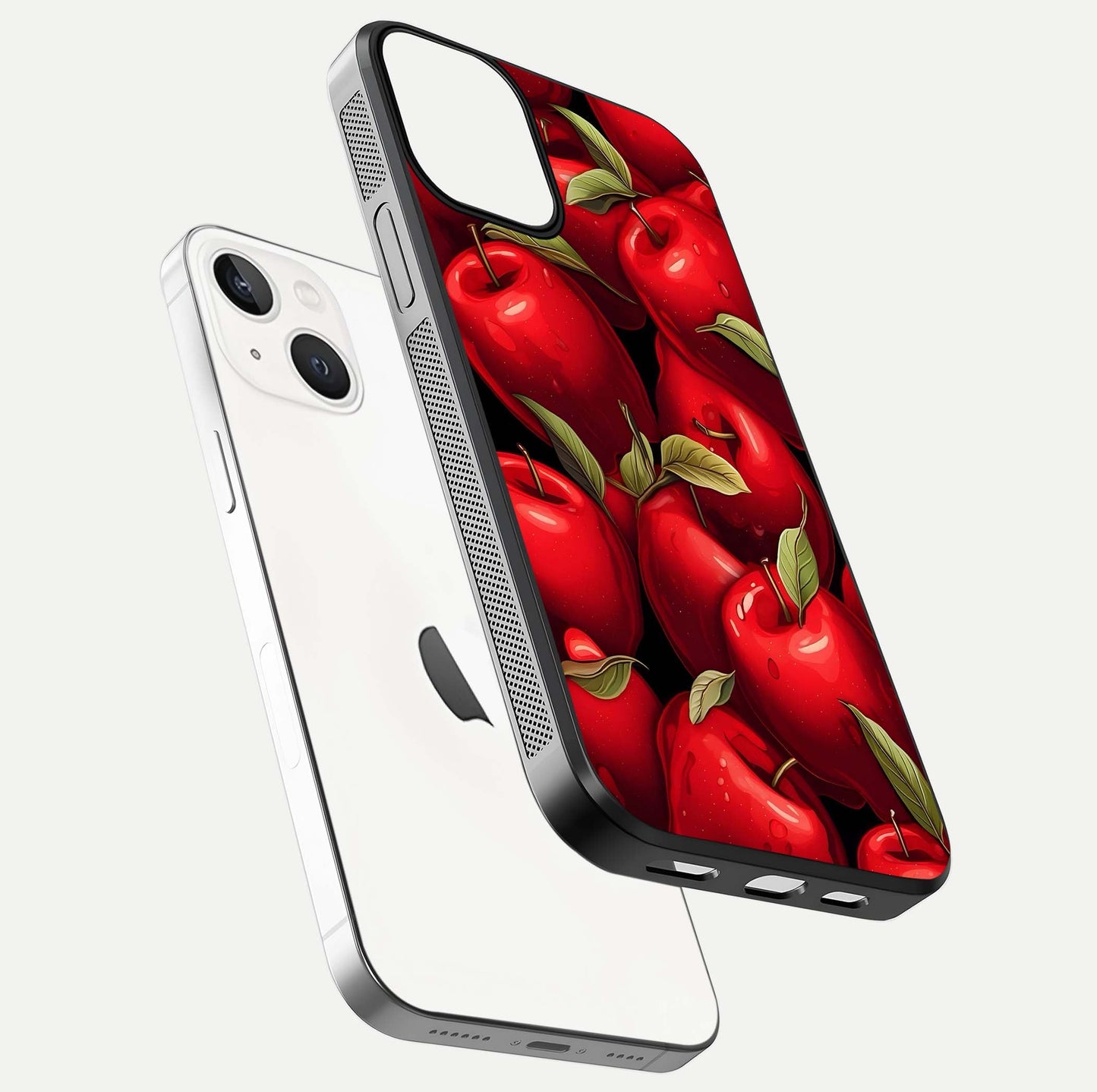 Apple Pattern Glass Case for iPhone 13 floating mockup with smooth edge detailing and pattern clarity
