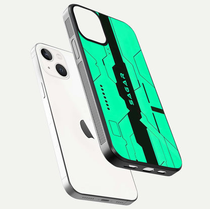 Aqua Tech CYBERPUNK Custom Name Glass Case for iPhone 13 floating mockup highlighting name customization area