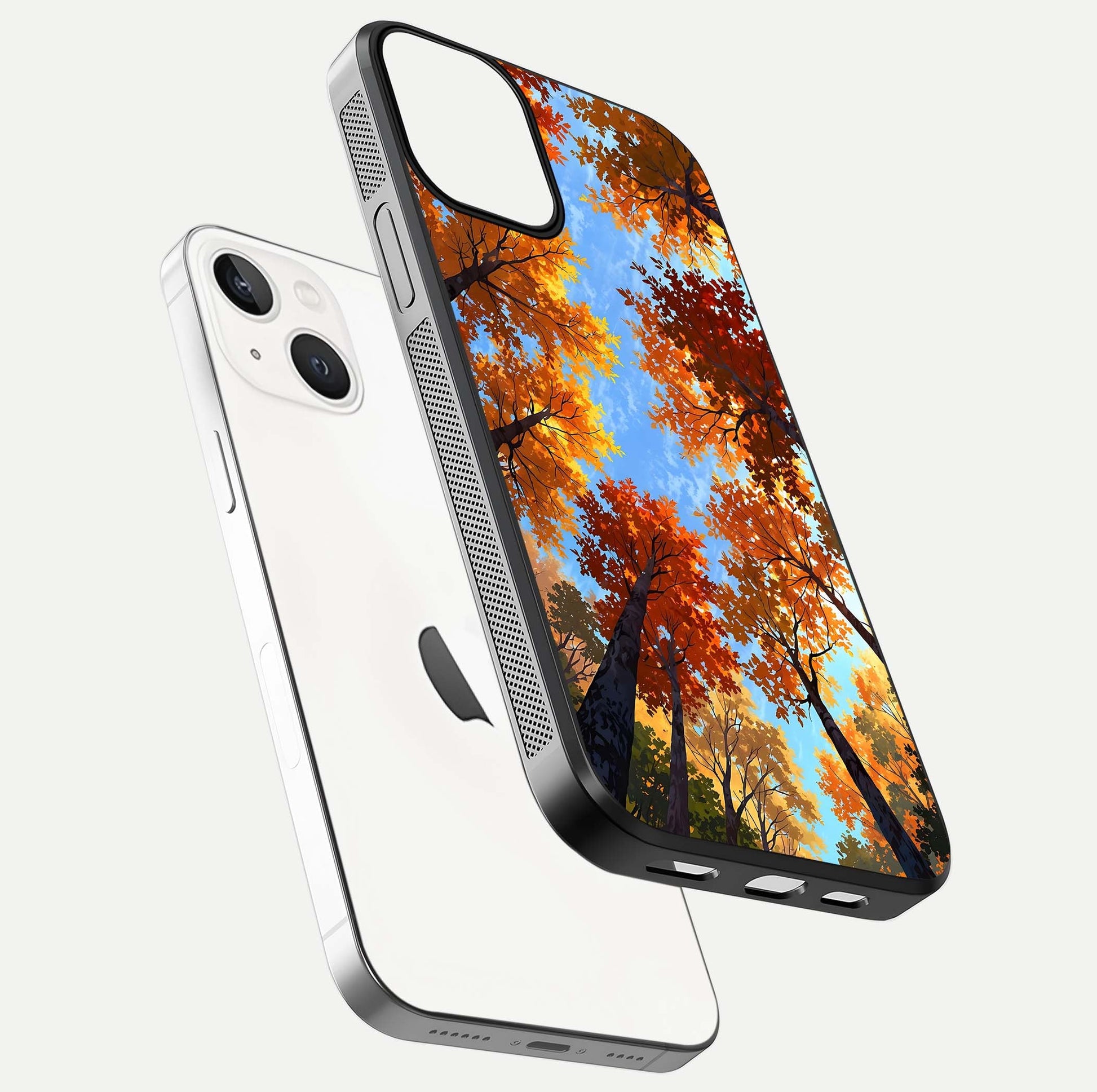 Autumn Sky Rise Glass Case for iPhone 13 floating dual-view mockup with sky horizon and glossy highlights