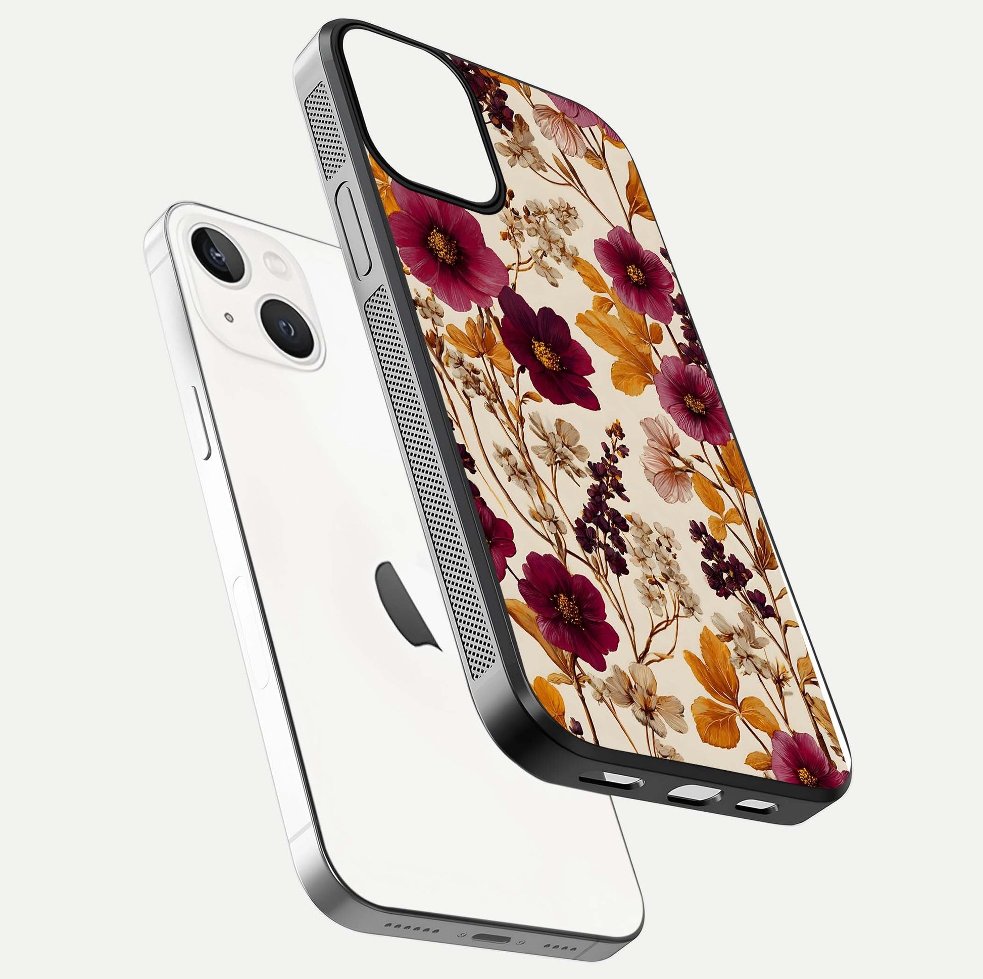 Autumn Wine Bloom Glass Case for iPhone 16 Pro floating mockup with premium floral gradient and protection edge