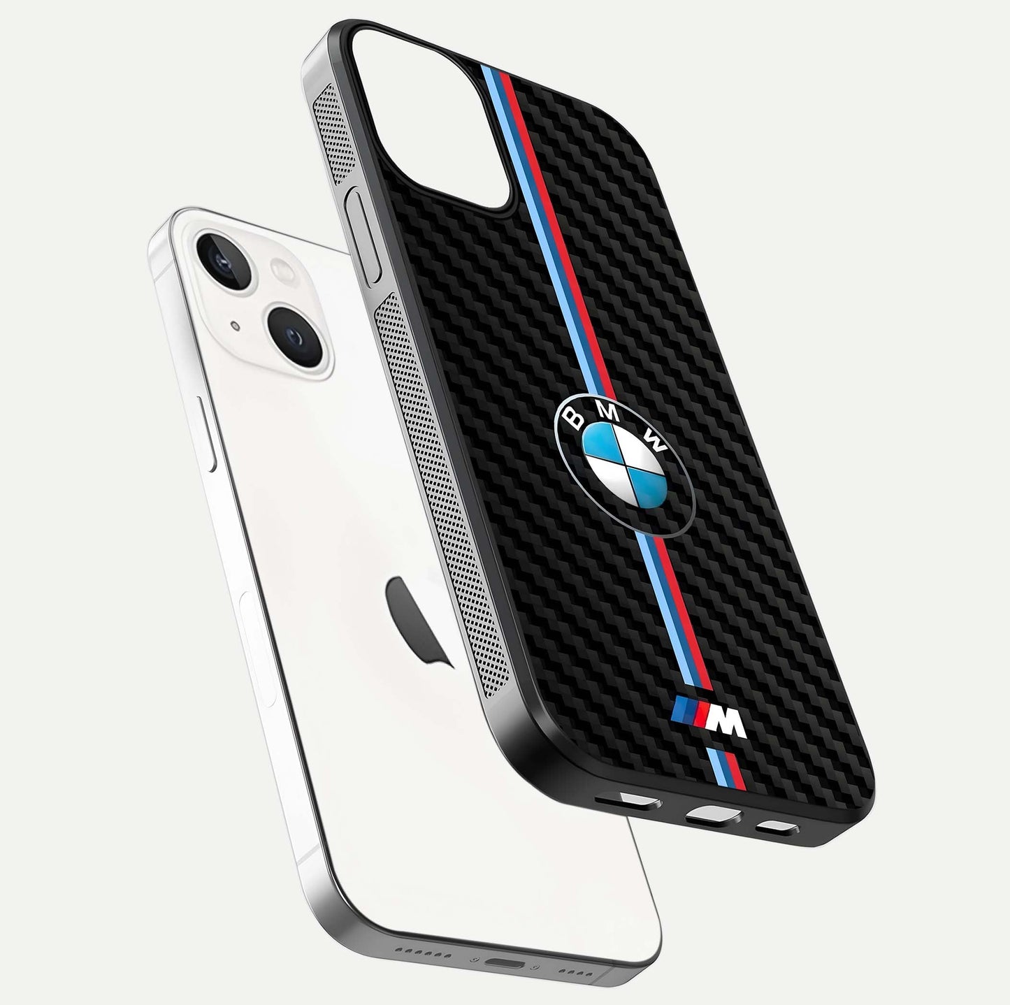 BMW Pattern Glass Case for iPhone 13 floating mockup highlighting clean lines and metallic accent reflection