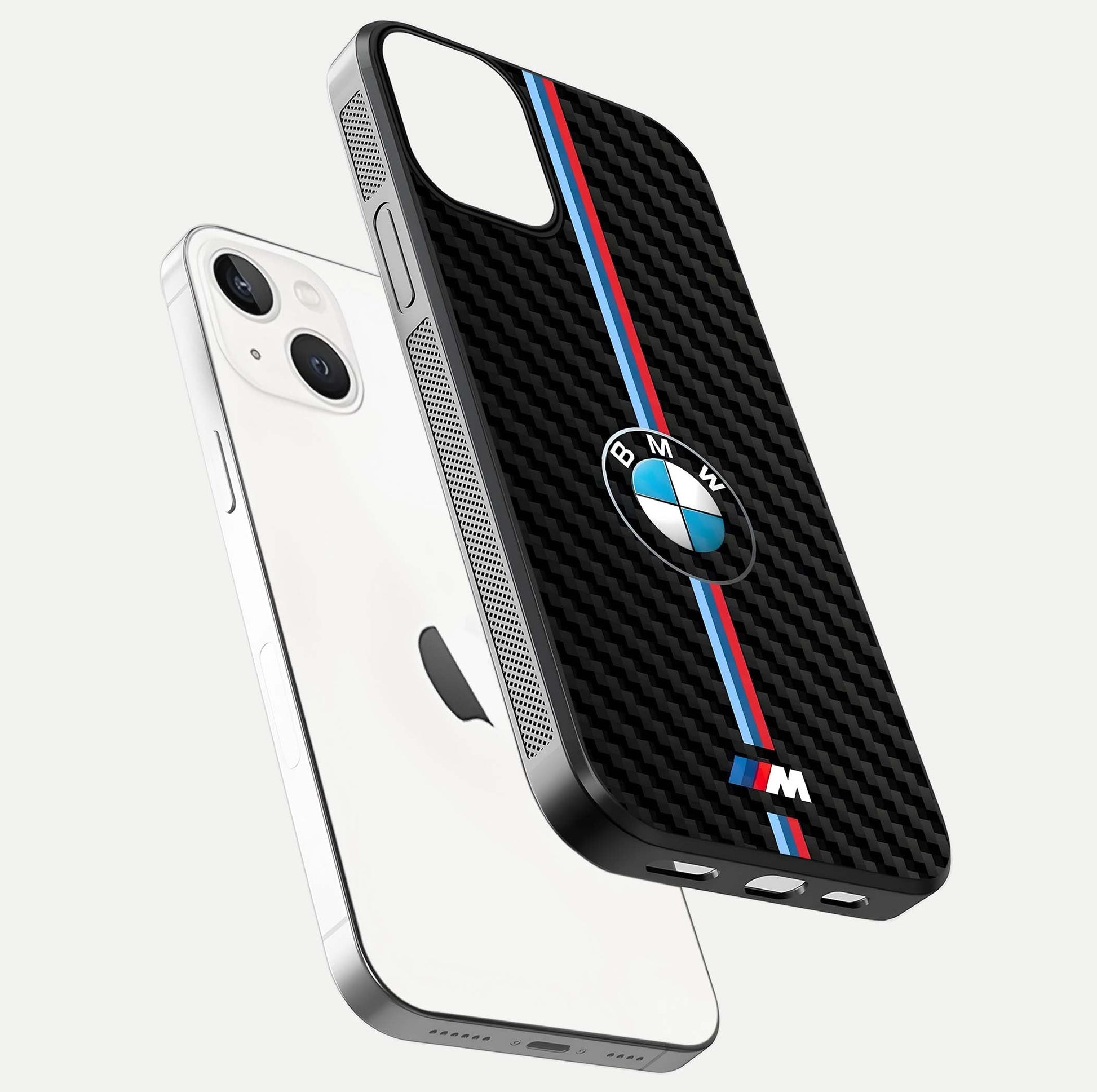 BMW Pattern Glass Case for iPhone 13 floating mockup highlighting clean lines and metallic accent reflection