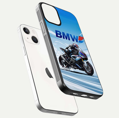 BMW Power Drift Glass Case for iPhone 13 floating mockup displaying bold drift artwork and glossy polish