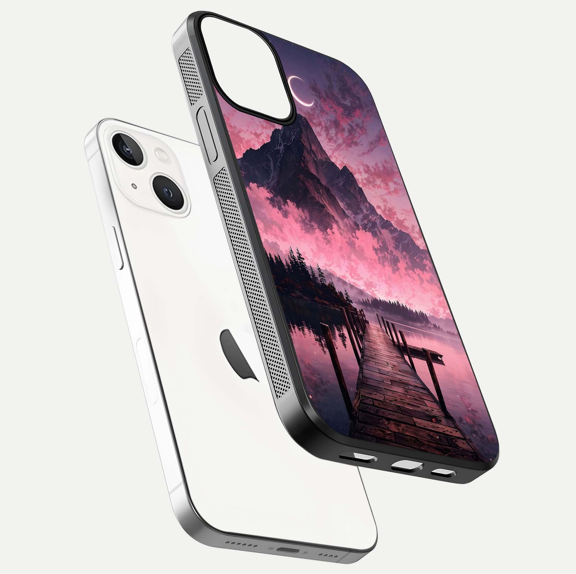 Beautyful Mountain View Glass Case for iPhone 16 Pro floating dual mockup showing edges and reflective sky print