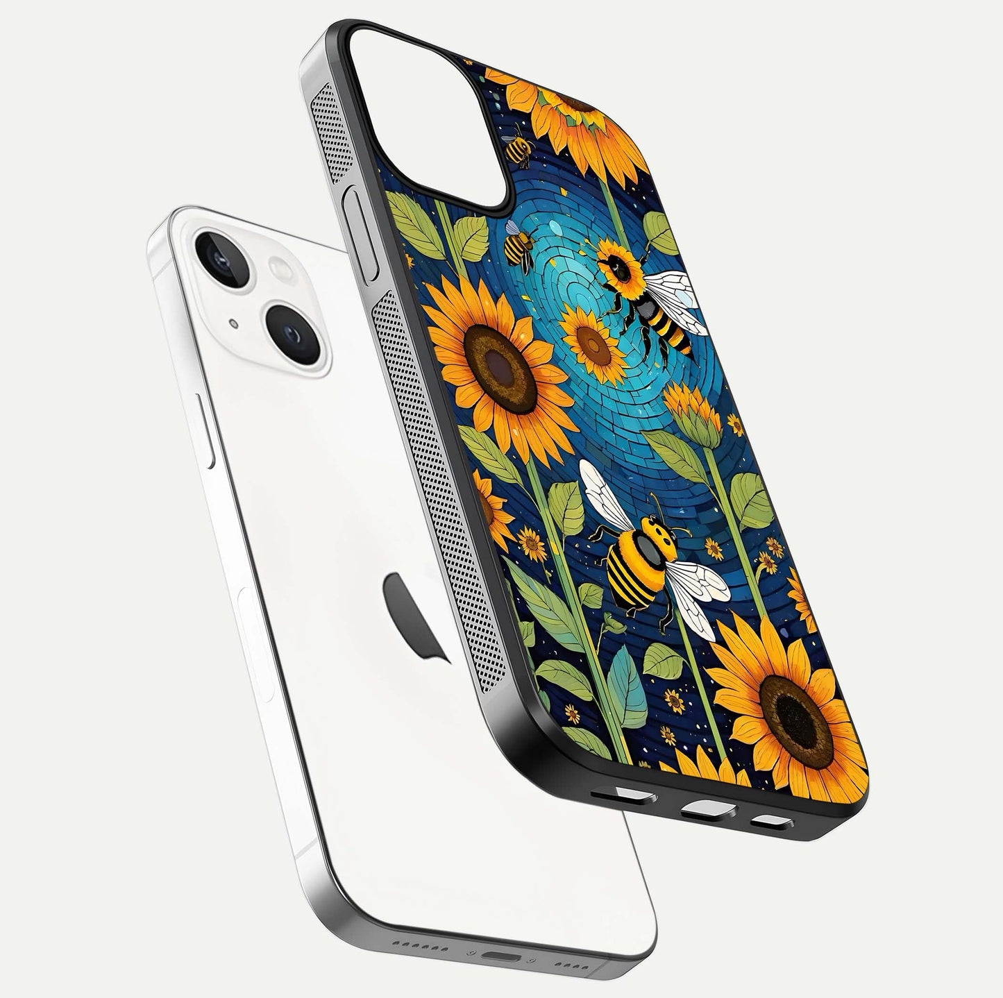 Bees & Sunflowers Glass Case for iPhone 16 Pro floating dual-view mockup displaying vibrant yellow tones and gloss texture
