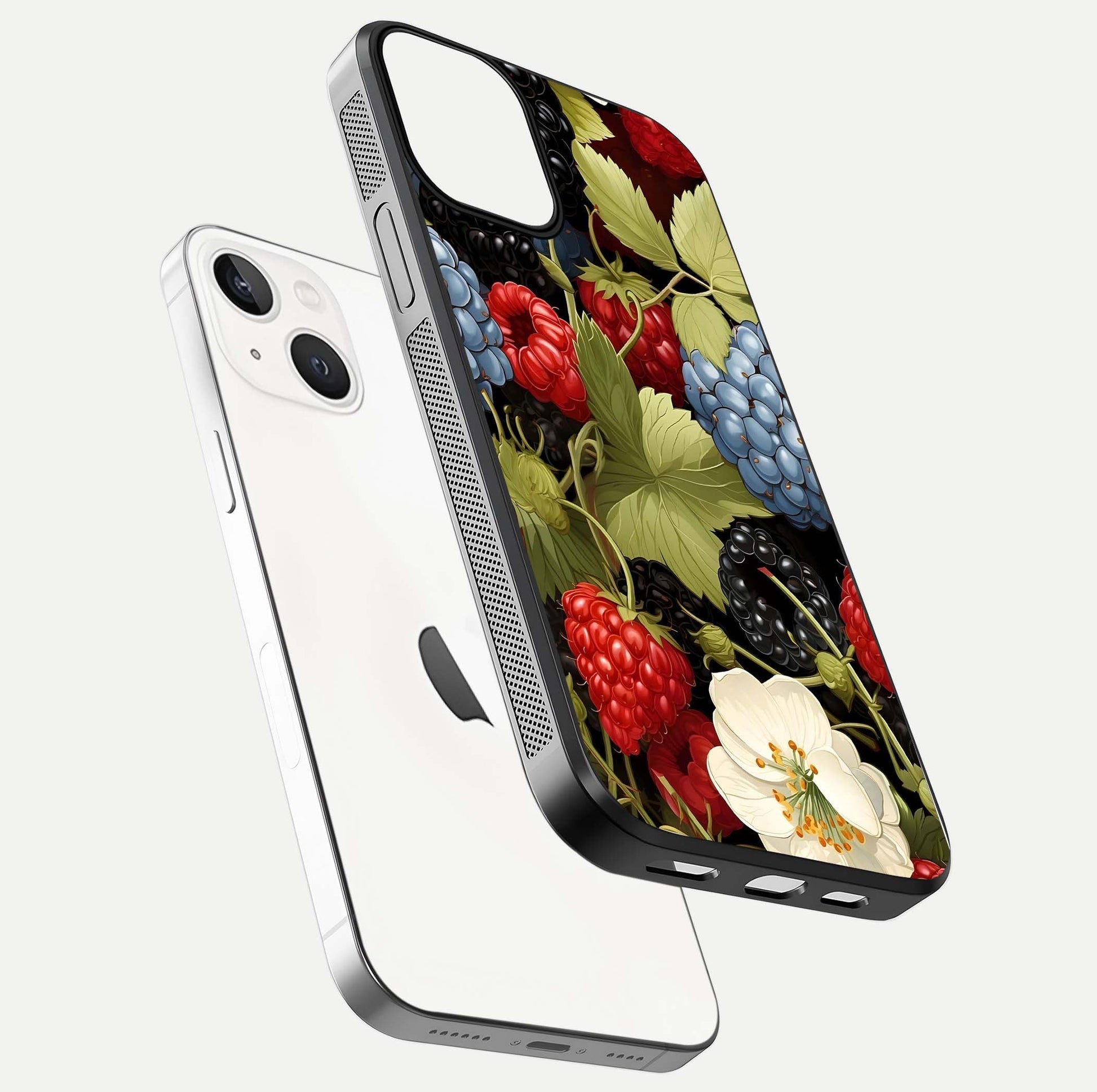 Berry Bloom Charm Glass Case for iPhone 16 Pro floating mockup capturing glossy reflection and curved-edge finish