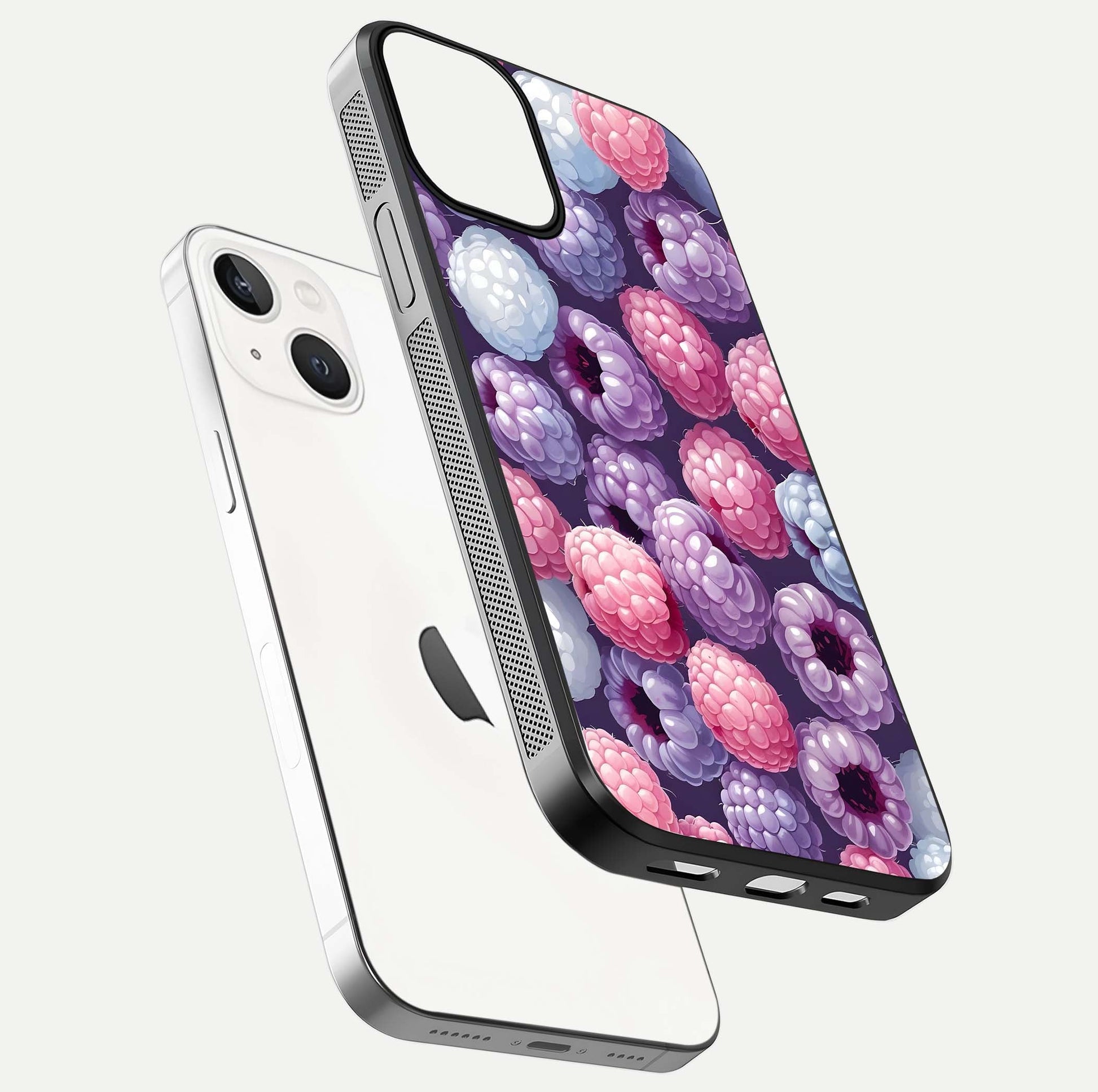 Berry Candy Pop Glass Case for iPhone 13 floating dual-view mockup highlighting gloss shine and curved edges