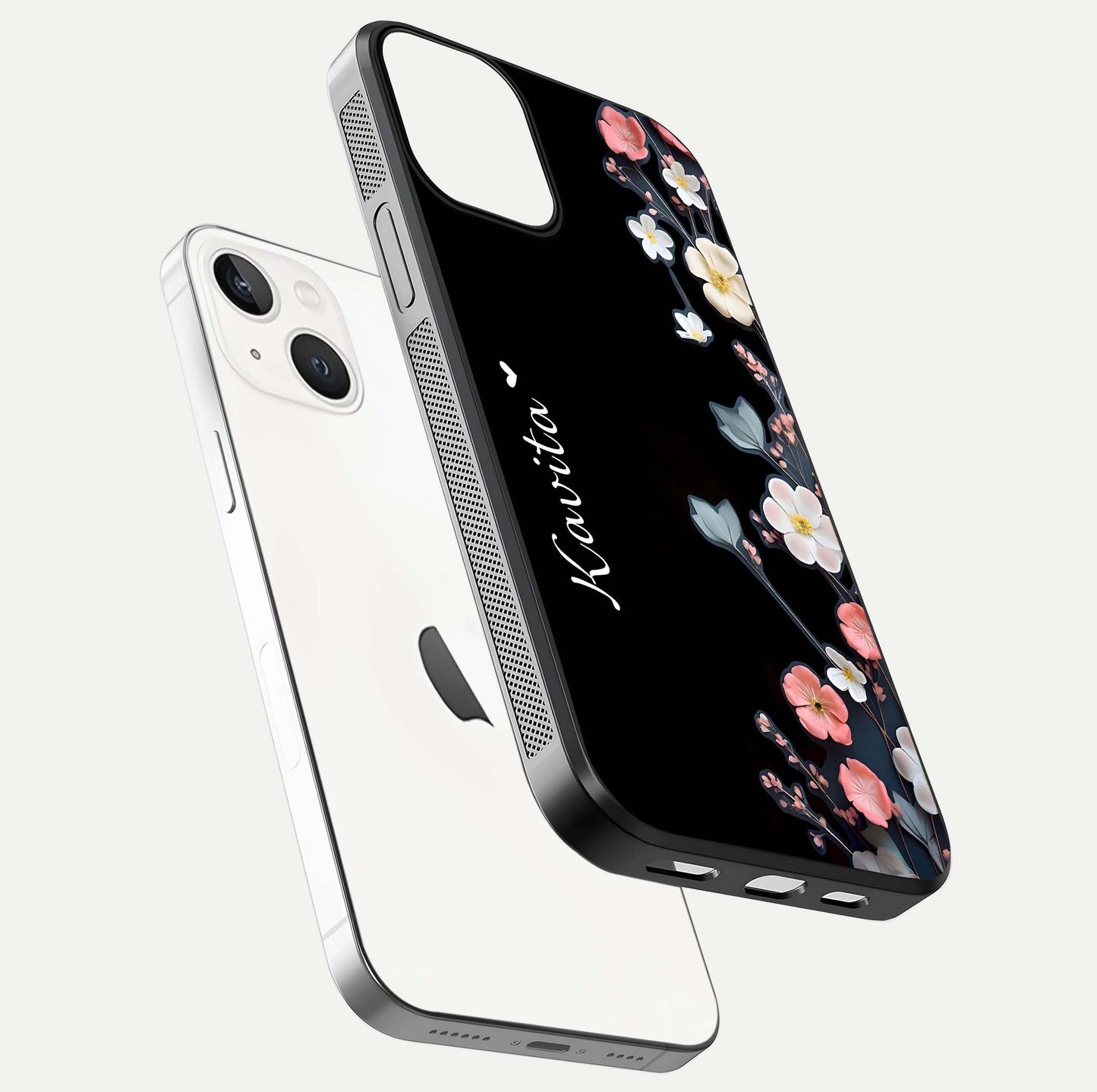 Black Elegance Floral Custom Name Glass Case for iPhone 13 floating mockup emphasizing premium shine and floral art
