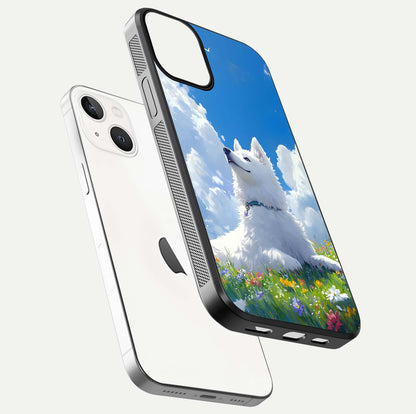 Blissful Cloud Pup Glass Case for iPhone 16 Pro floating mockup capturing playful aesthetic and gloss finish