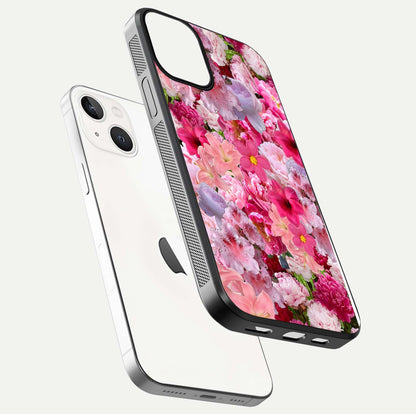 Bloom Crush Fantasy Glass Case for iPhone 13 floating mockup showing floral pattern clarity and HD glass
