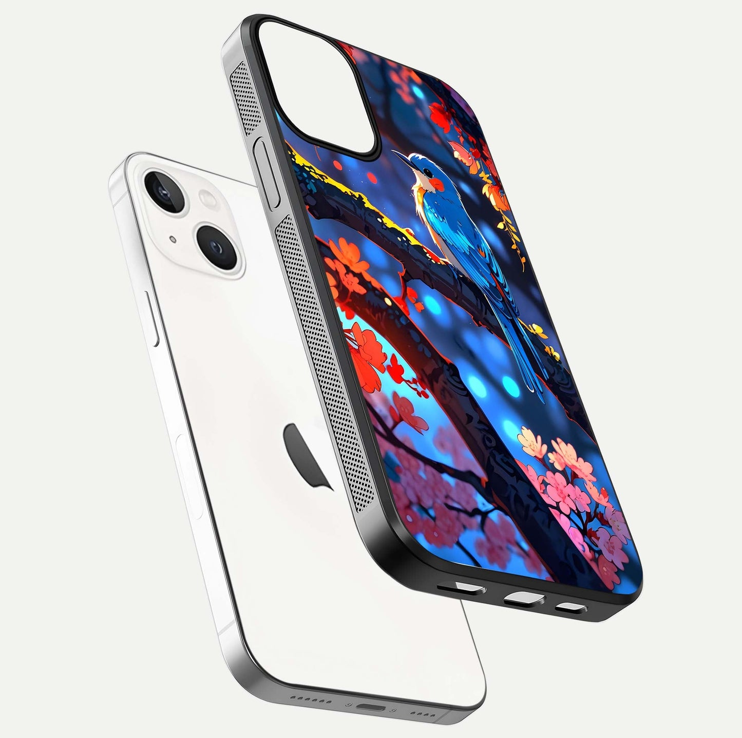Blooming Spendor Bird Glass Case for iPhone 13 floating dual-mockup capturing gloss tone and curved texture