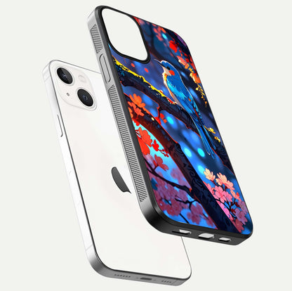 Blooming Spendor Bird Glass Case for iPhone 13 floating dual-mockup capturing gloss tone and curved texture